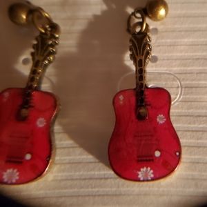 Guitar Earrings  Red with White daisies NWT
